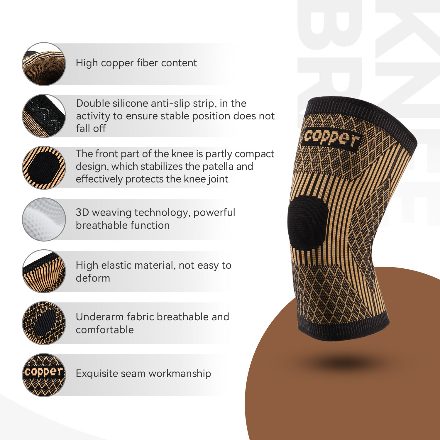 1/2xCopper Knee Sleeve Compression Brace Support Support Sport Joint Injury Pain