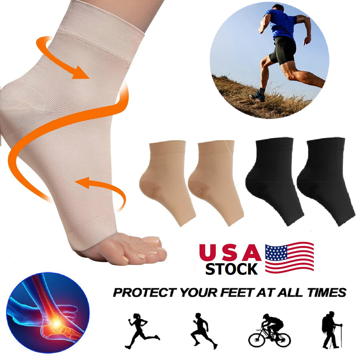 4 Pairs Ankle Brace Compression Sleeve Support Socks Foot Fasciitis Pain Relief