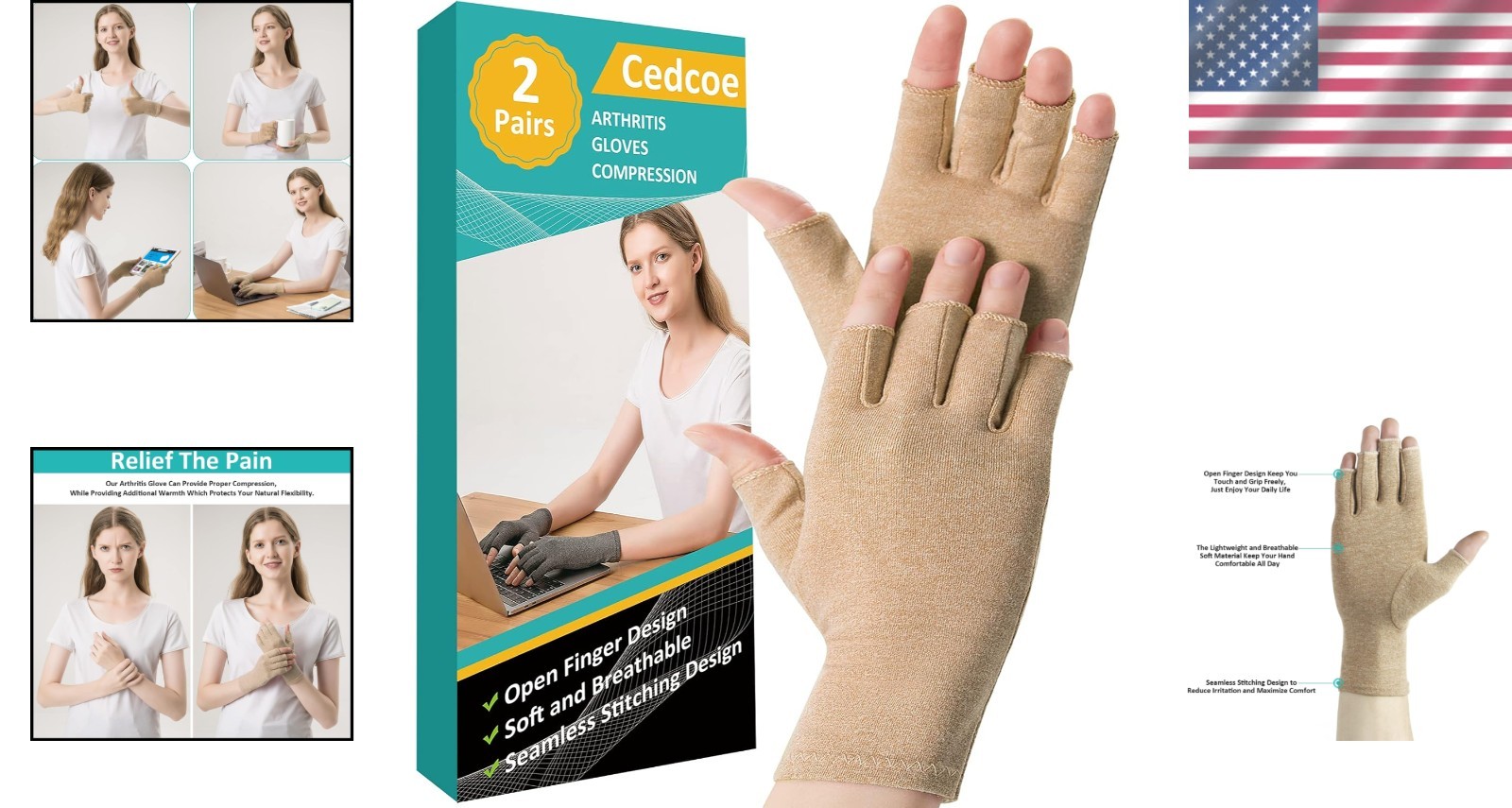 Breathable Cotton Spandex Fingerless Compression Gloves – 2 Pairs for Arthritis