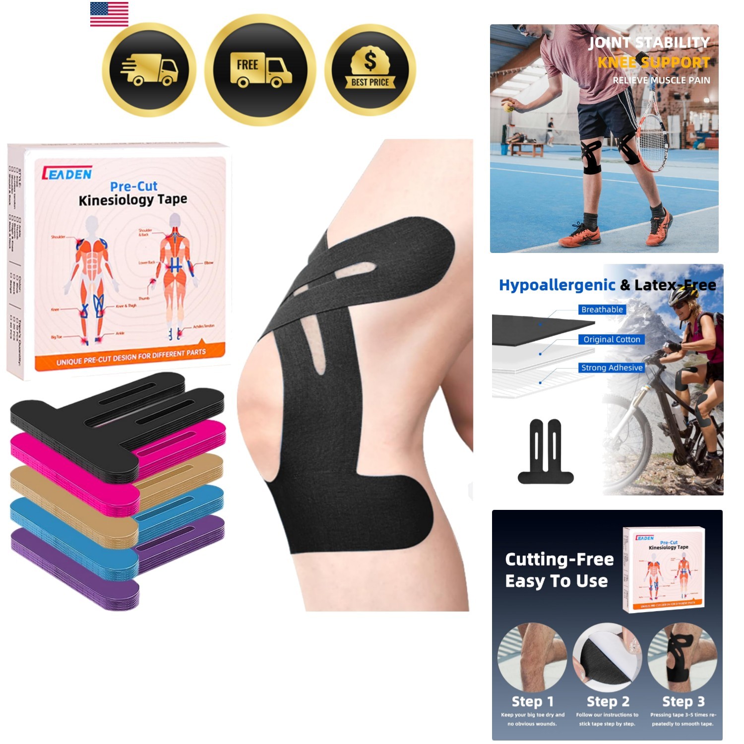 Precut Kinesiology Tape for Knees, 10 Pcs – Knee Support & Stability, Knee Pa…