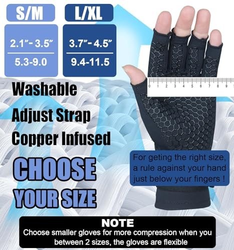 Copper Arthritis Compression Gloves with Adjustable Strap, Fingerless, S/M