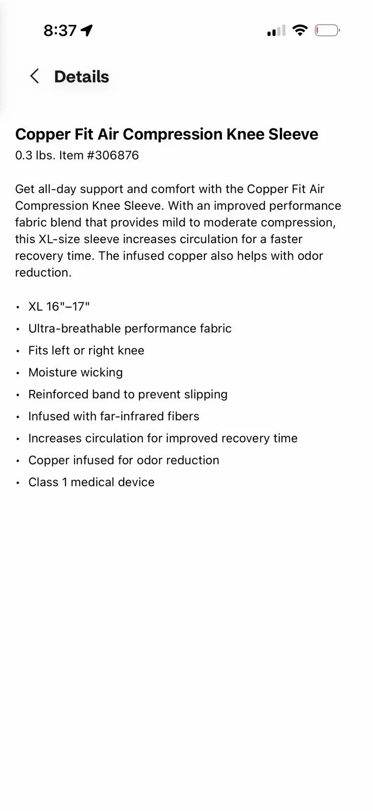 Copper Fit Air Knee Compression Sleeve – New In Box – Sealed – XL 16”-17”