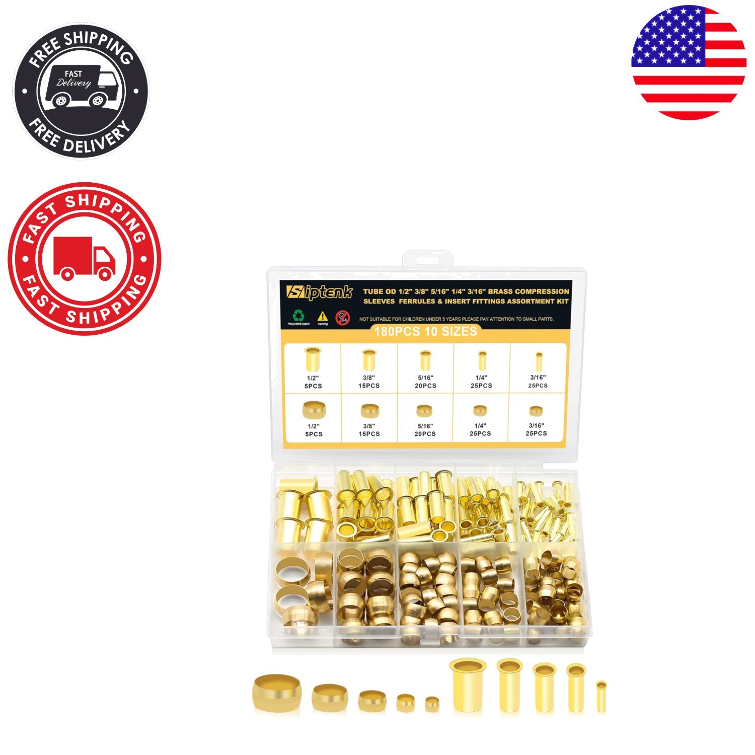 180PCS Brass Compression Sleeves & Inserts – Versatile Sizes Available