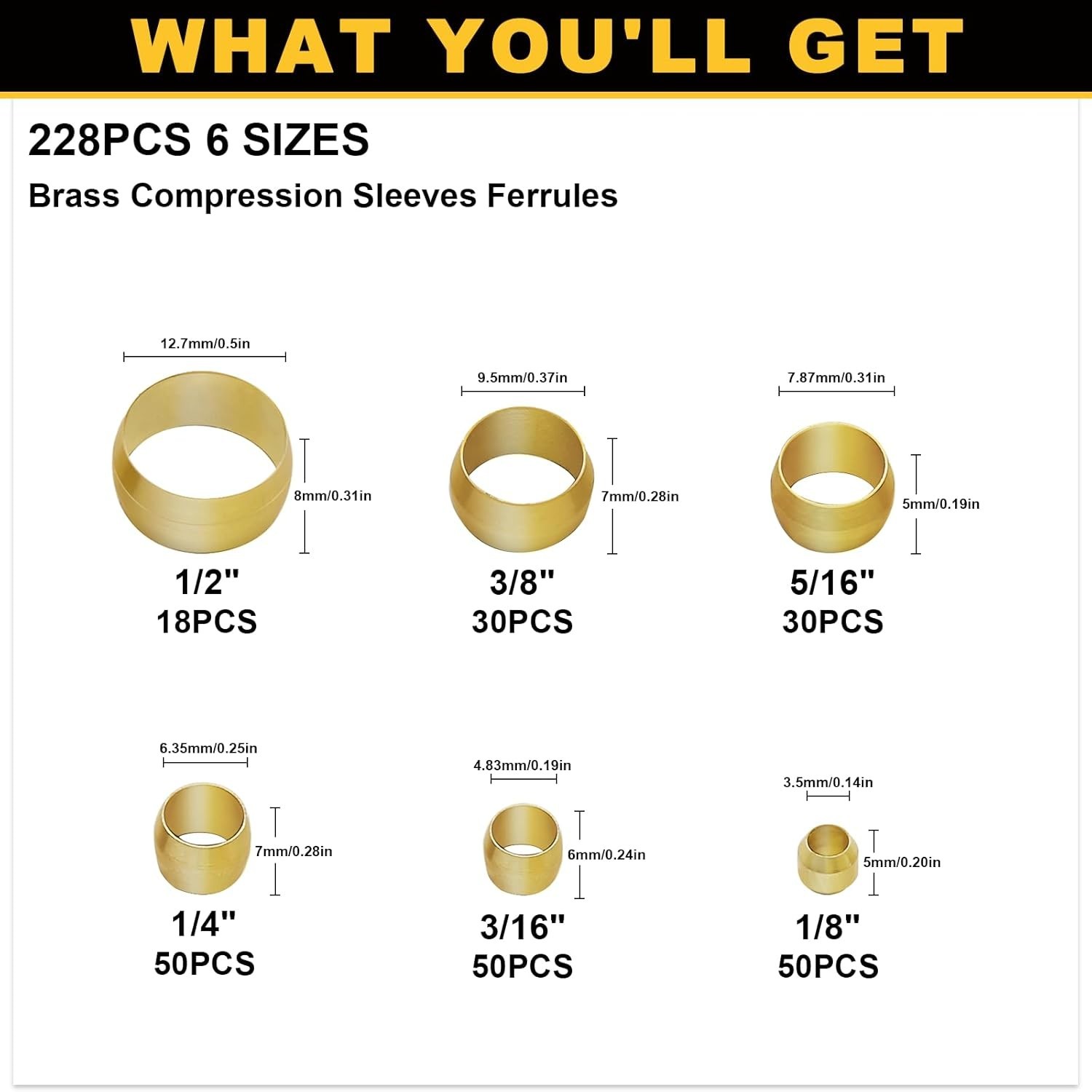 High-Quality 228PCS Brass Compression Ferrule Kit – 6 Sizes for All Applications