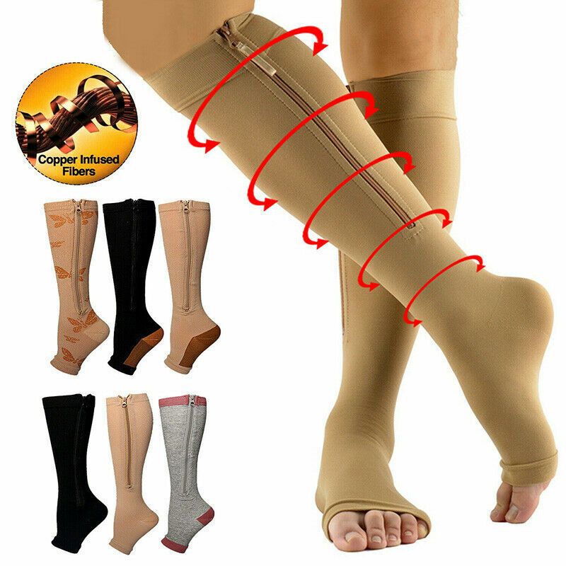 Compression Socks Toe Open Leg Support Stocking Knee High Socks with Zipper