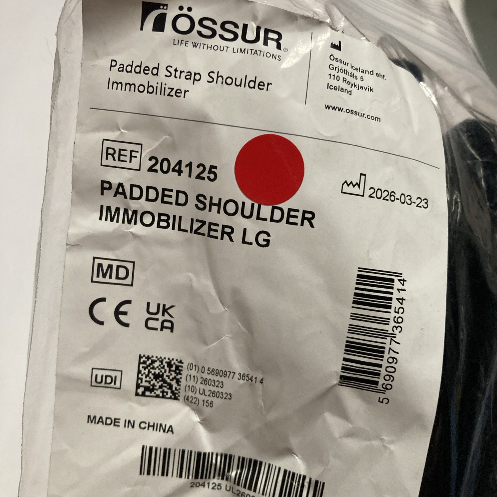 OSSUR Padded Strap Shoulder Immobilizer Brace Sling Adult Large Medical Black