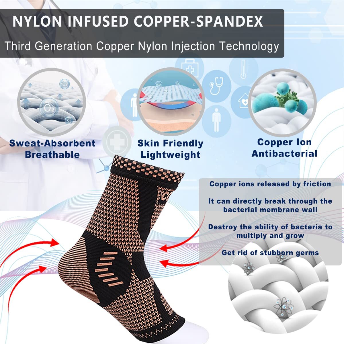 Copper Ankle Support Brace Compression Sleeve Socks Elastic Foot For Pain Relief