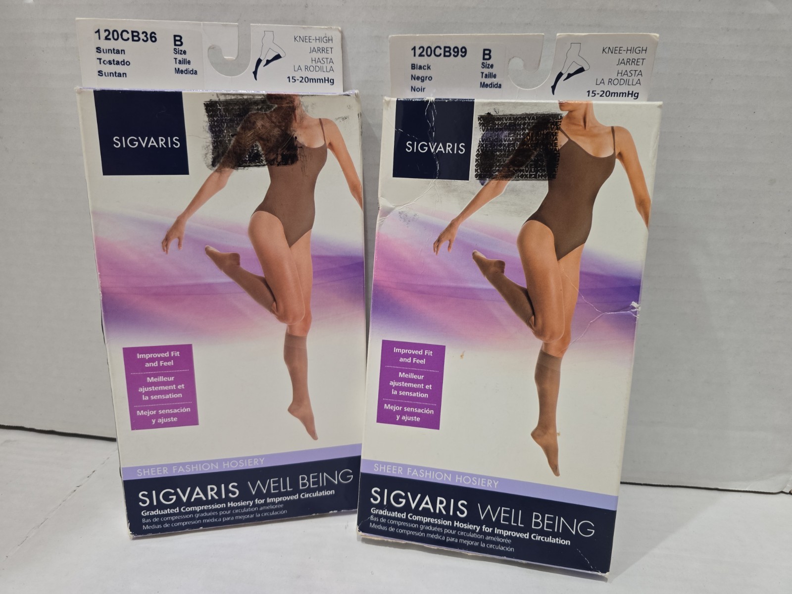 Sigvaris Well Being womens Sheer Fashion 15-20mmHg KNEE HIGH sz B Black/ Sun Tan