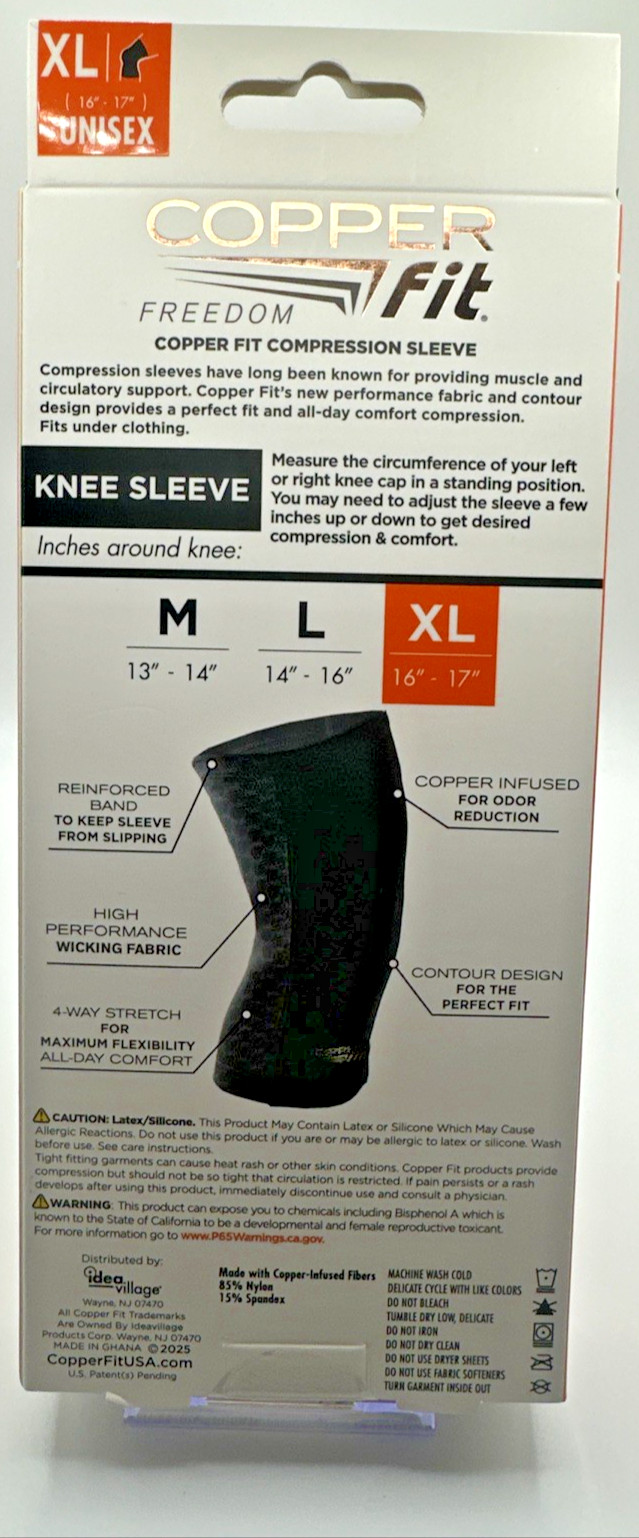 Copper Fit Freedom Copper Infused Compression Knee Sleeve – Size XL – Black