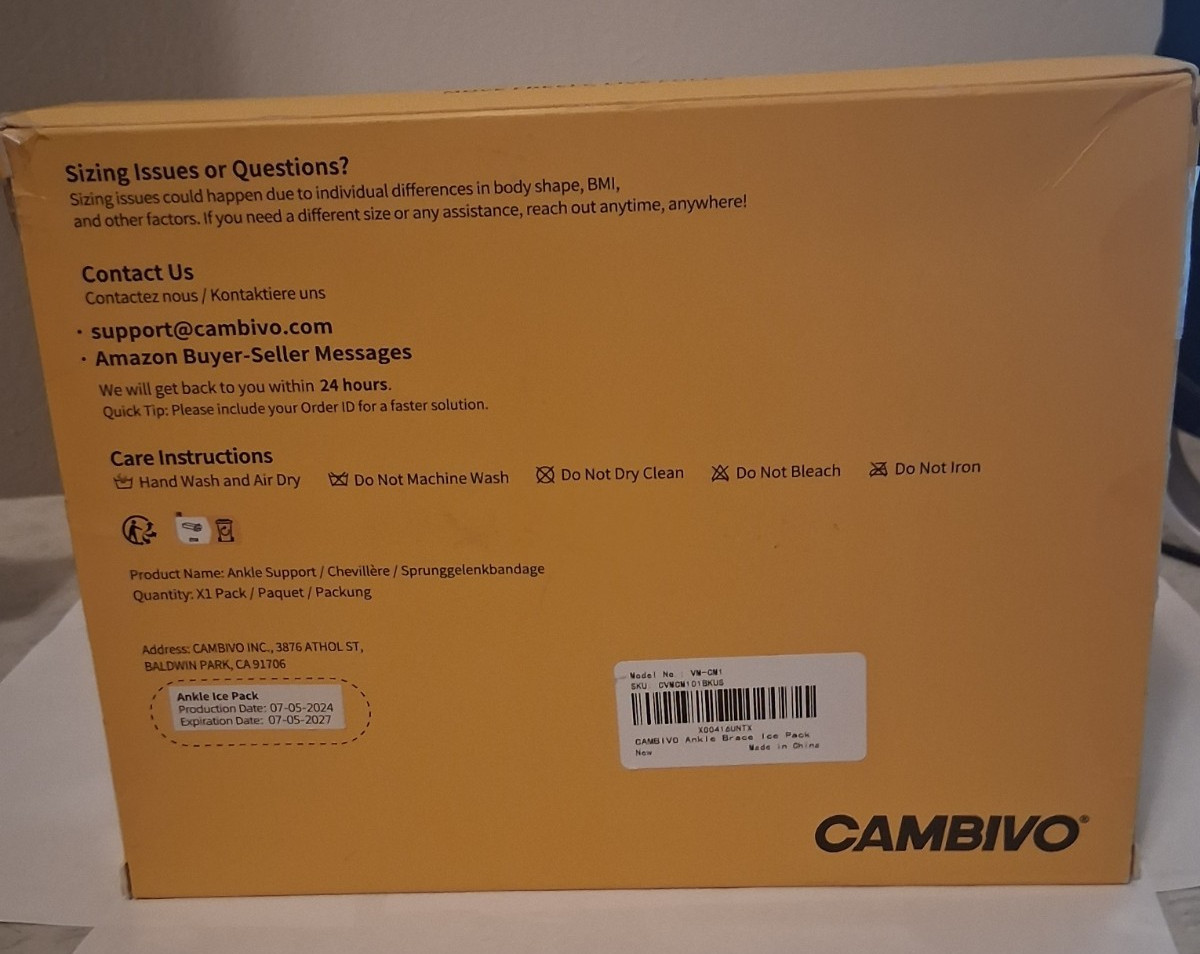 CAMBIVO Ankle Support Brace Ice Pack, 1 pack One Size New Condition!
