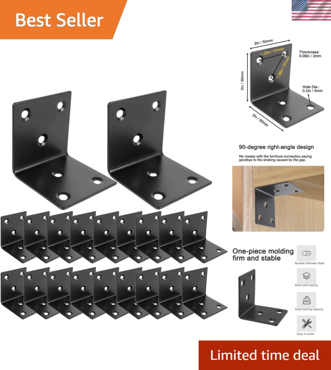 20 Large 2×2 Inch Corner Braces – Black Coated Stainless Steel for DIY Projects