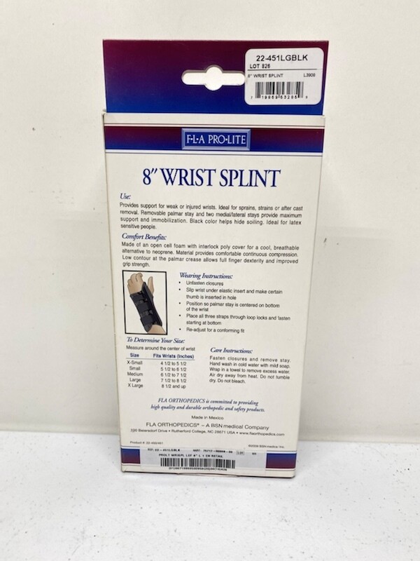 WRIST SPLINT – FLA ORTHOPEDICS PRO-LITE PROFESSIONAL GRADE 8″ – LARGE LEFT