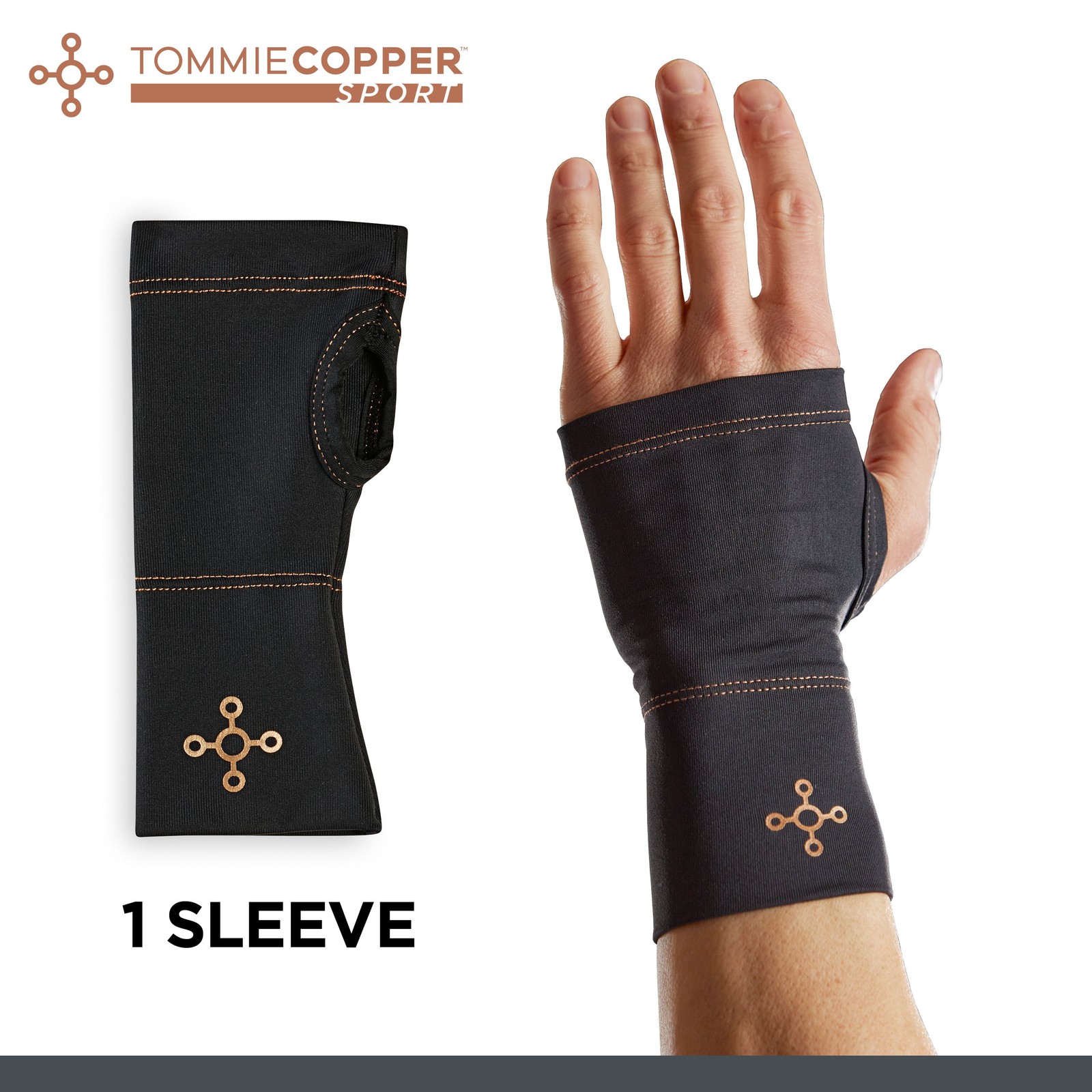 Sport Compression Wrist Sleeve Black S/M, Copper/Zinc Infused Recovery 1pc