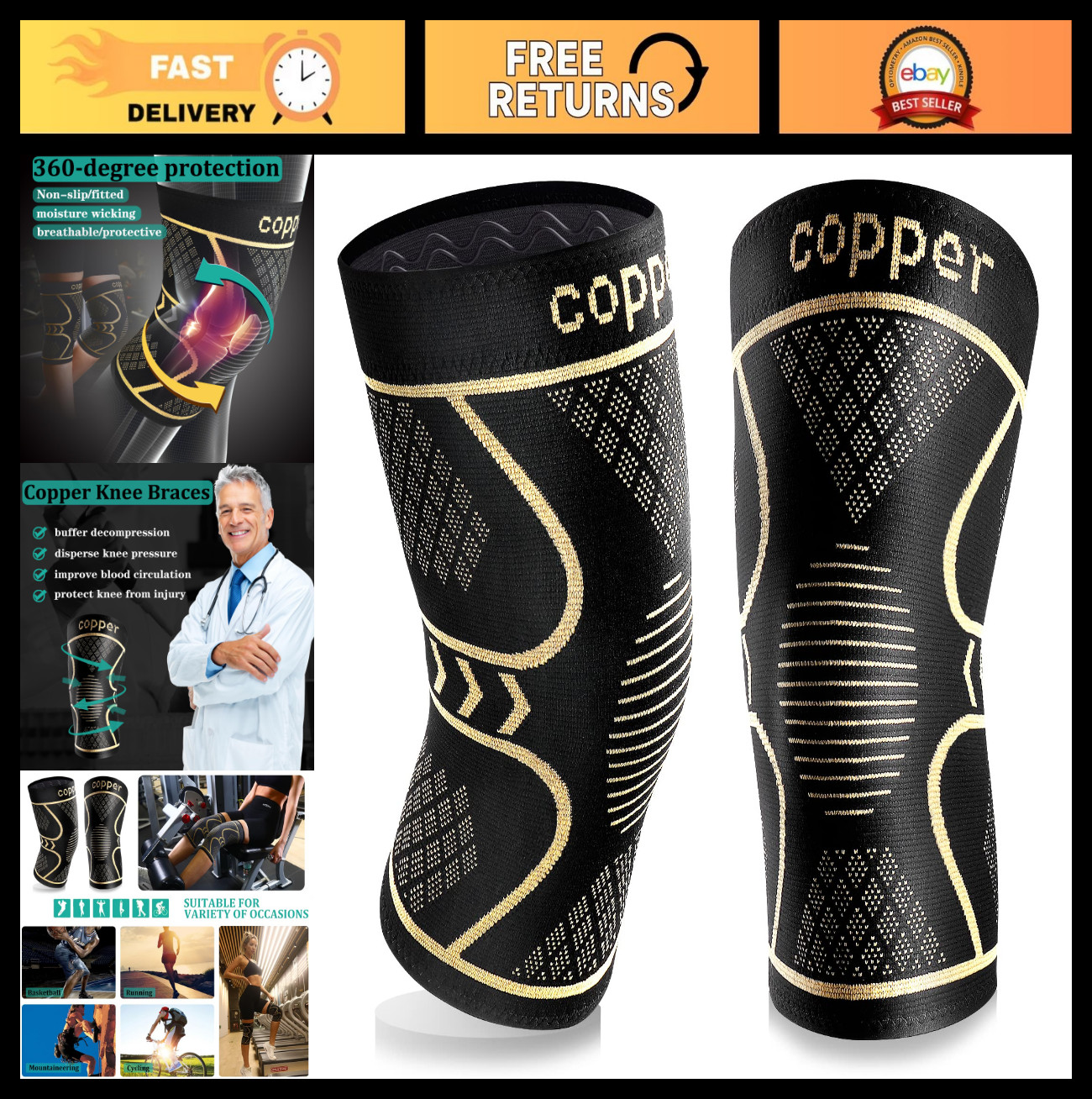 Knee Compression Sleeves 2 Pack for Pain Relief, Arthritis, ACL, Meniscus Suppor