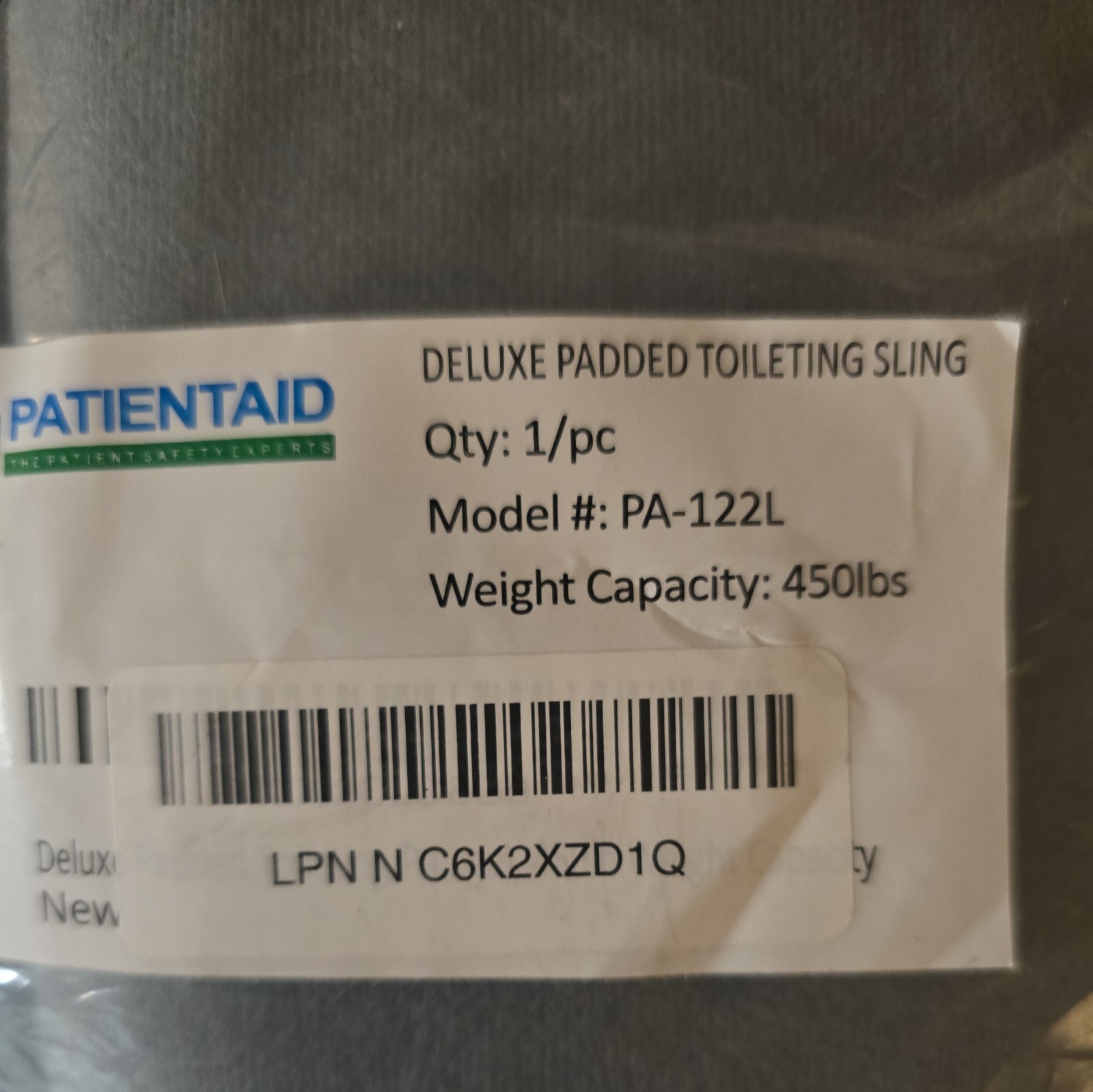 NEW! Patient Aid Padded U-Sling w/o Head Support Unisex Size: L 450lb Capacity
