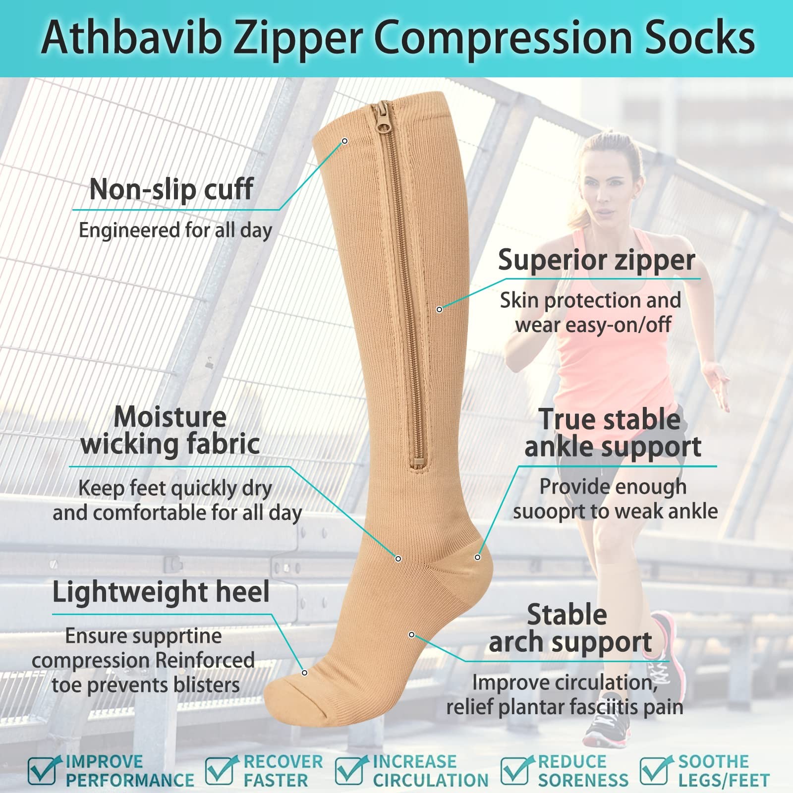 Zipper Compression Socks 15-20 mmHg Closed Toe for Men & Women, 2 Pairs
