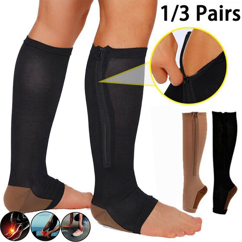 3 Pair Zipper Compression Socks Medical 20-30mmHg with Safe Protection Open Toe
