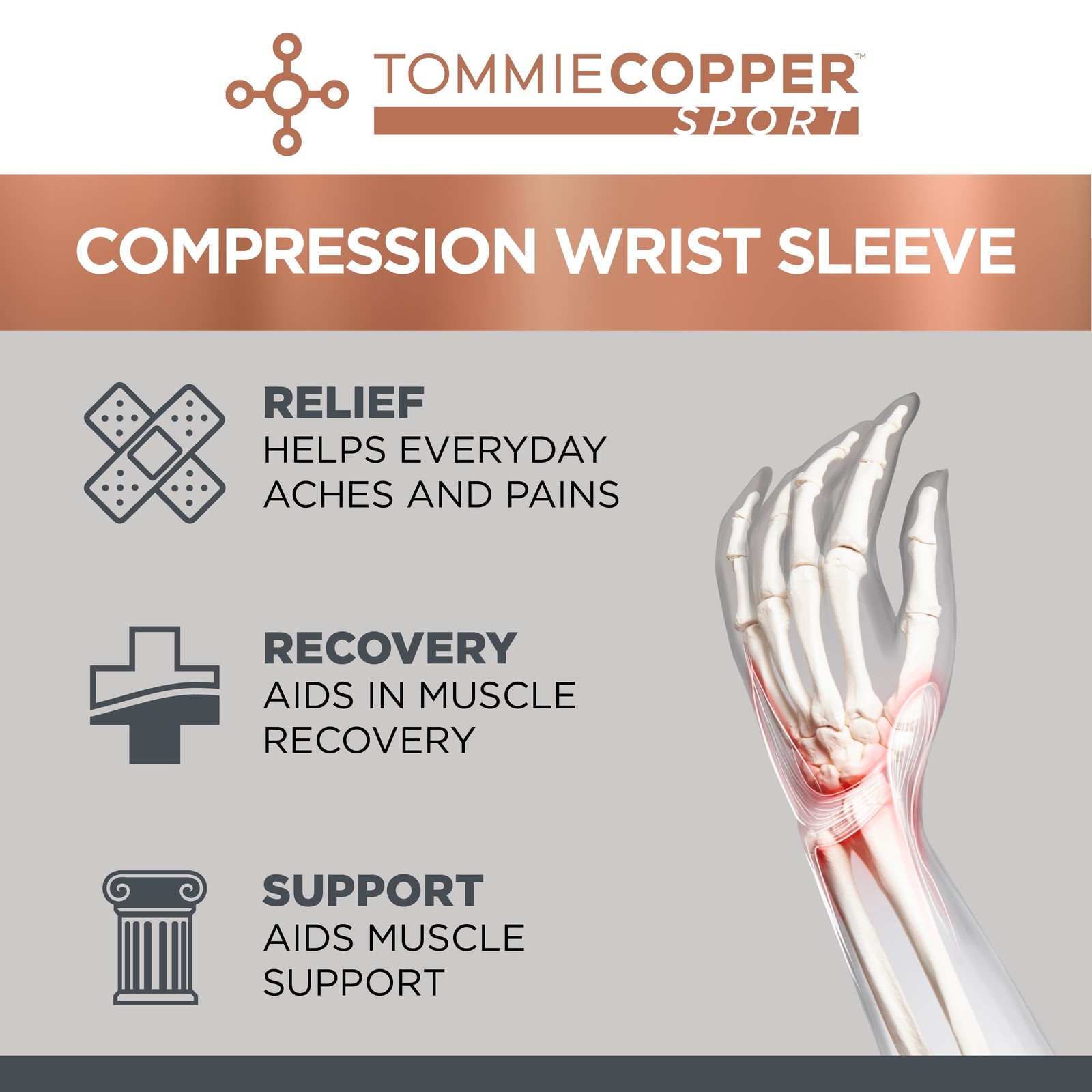 Sport Compression Wrist Sleeve Black S/M, Copper/Zinc Infused Recovery 1pc