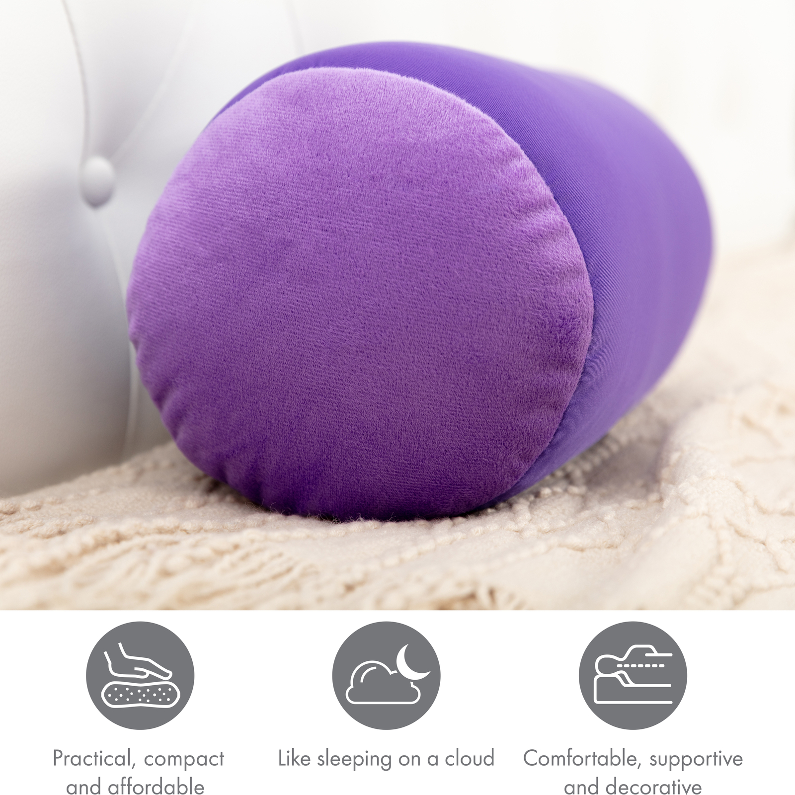 Microbead Bolster Neck Roll Pillow – Silky Feel, 14″ x 8″, Dark Lavender