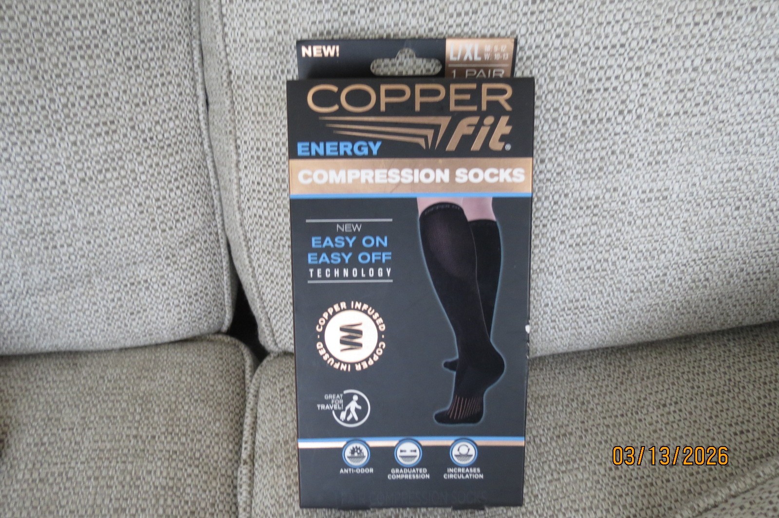 Copper Fit Energy & Easy-On Black Compression Socks – Size L/XL New in Box