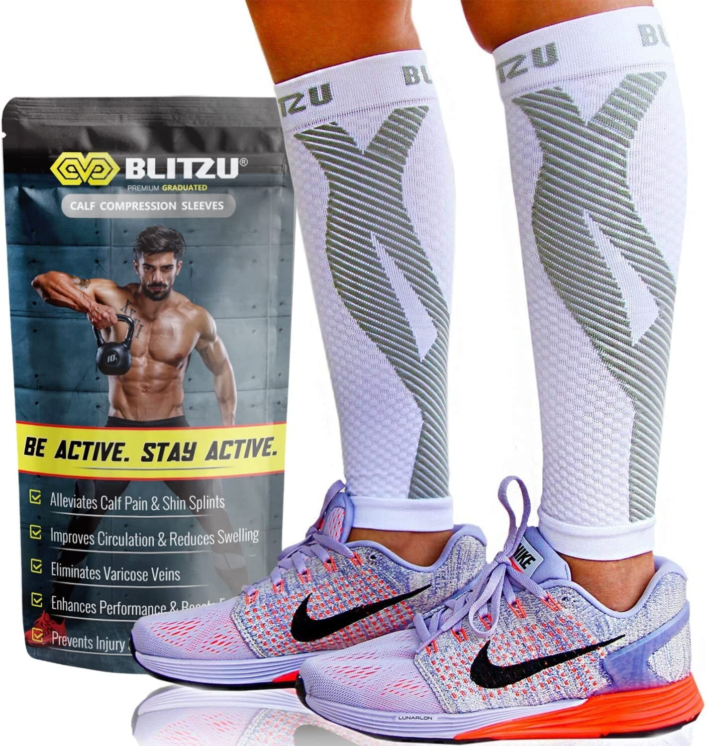 BLITZU Calf Compression Sleeves for Men Women. Footless Socks Support for Runnin