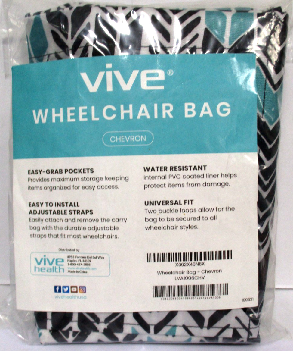 VIVE Wheelchair/Walker/Shoulder Accessories Bag Waterproof Black Teal Chevron