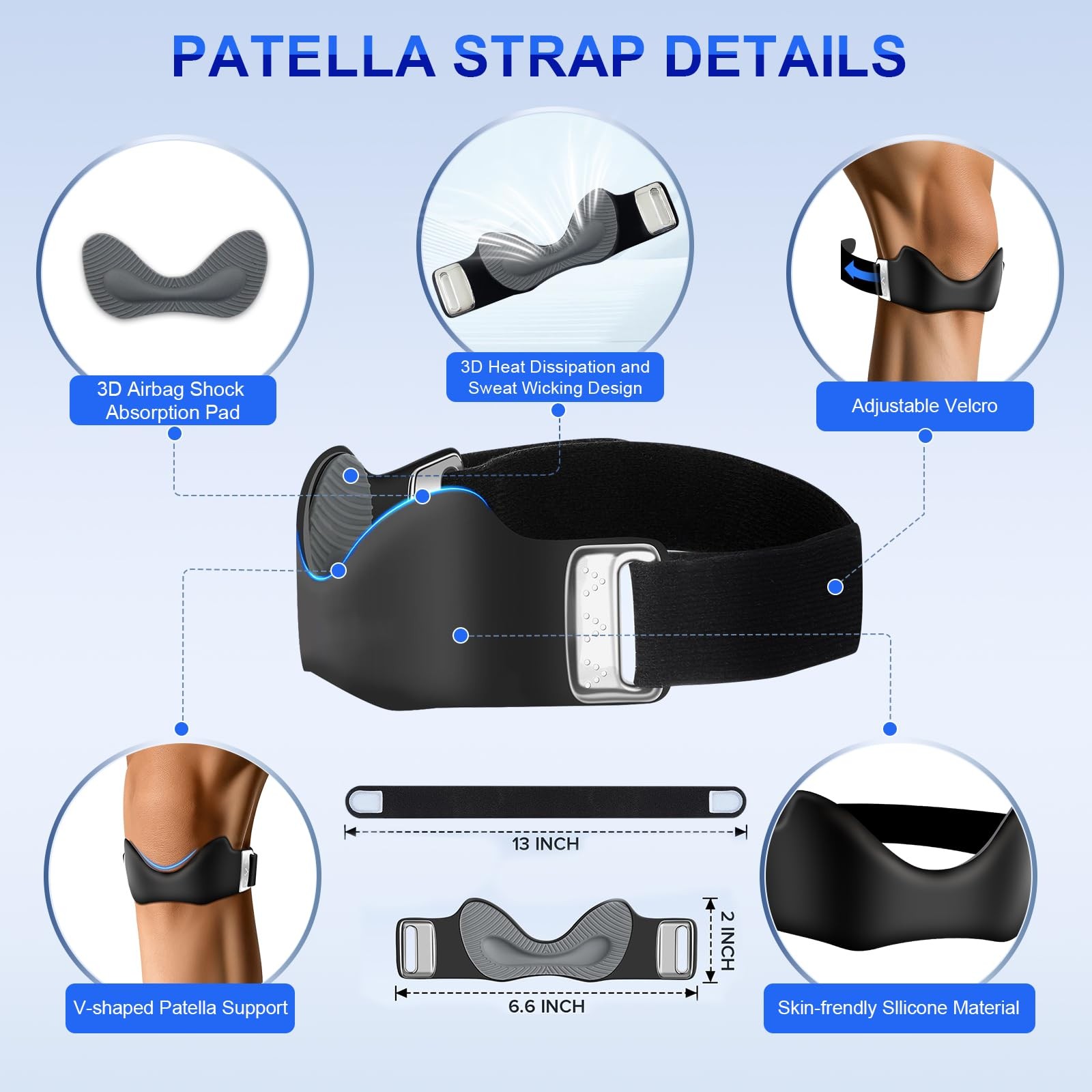 Silicone Patellar Tendon Support Strap 2 Pack, Adjustable Non-Slip Patella Ba…