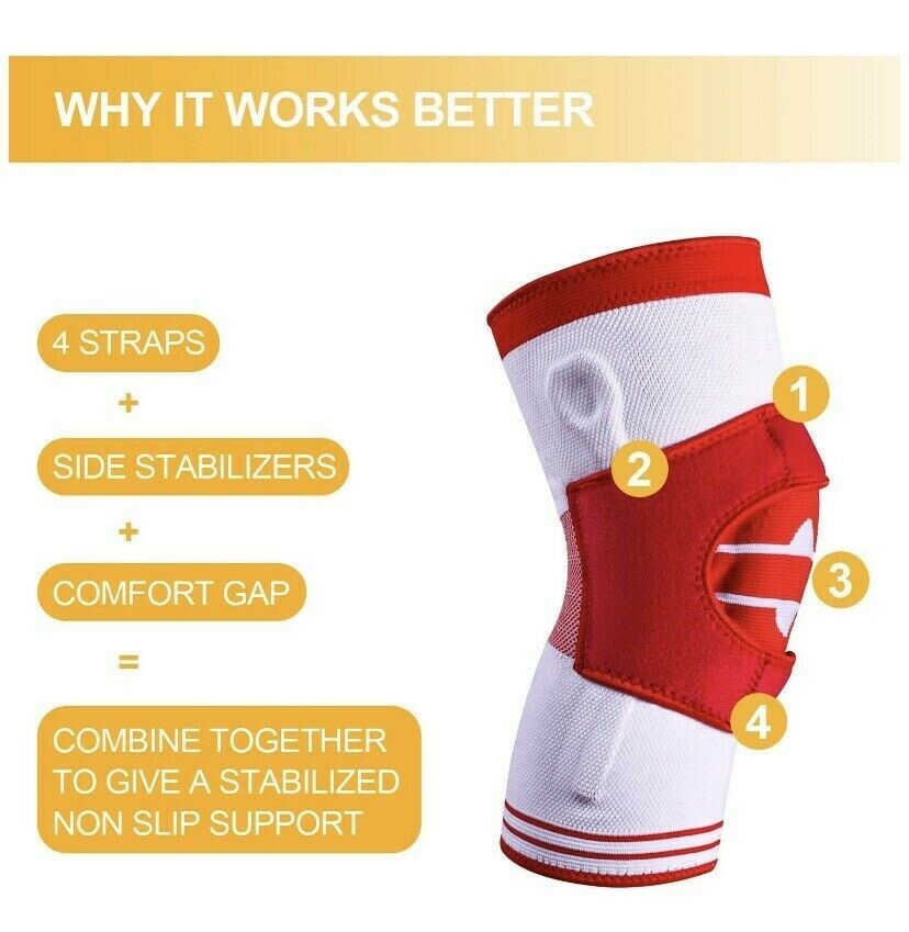 Knee Compression Sleeve Brace w Side Stabilizers, Patella Gel Pads (MEDIUM, Red)