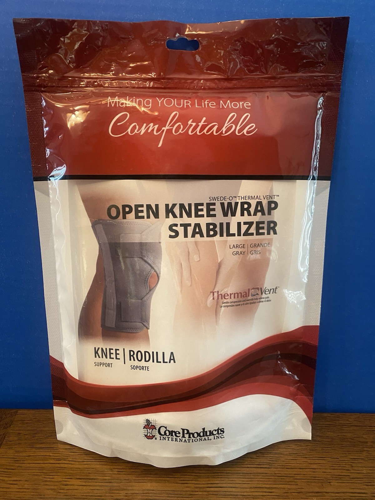 Swede-O Thermal Vent Open Knee Wrap Stabilizer Large Gray Knee Support Core Prod
