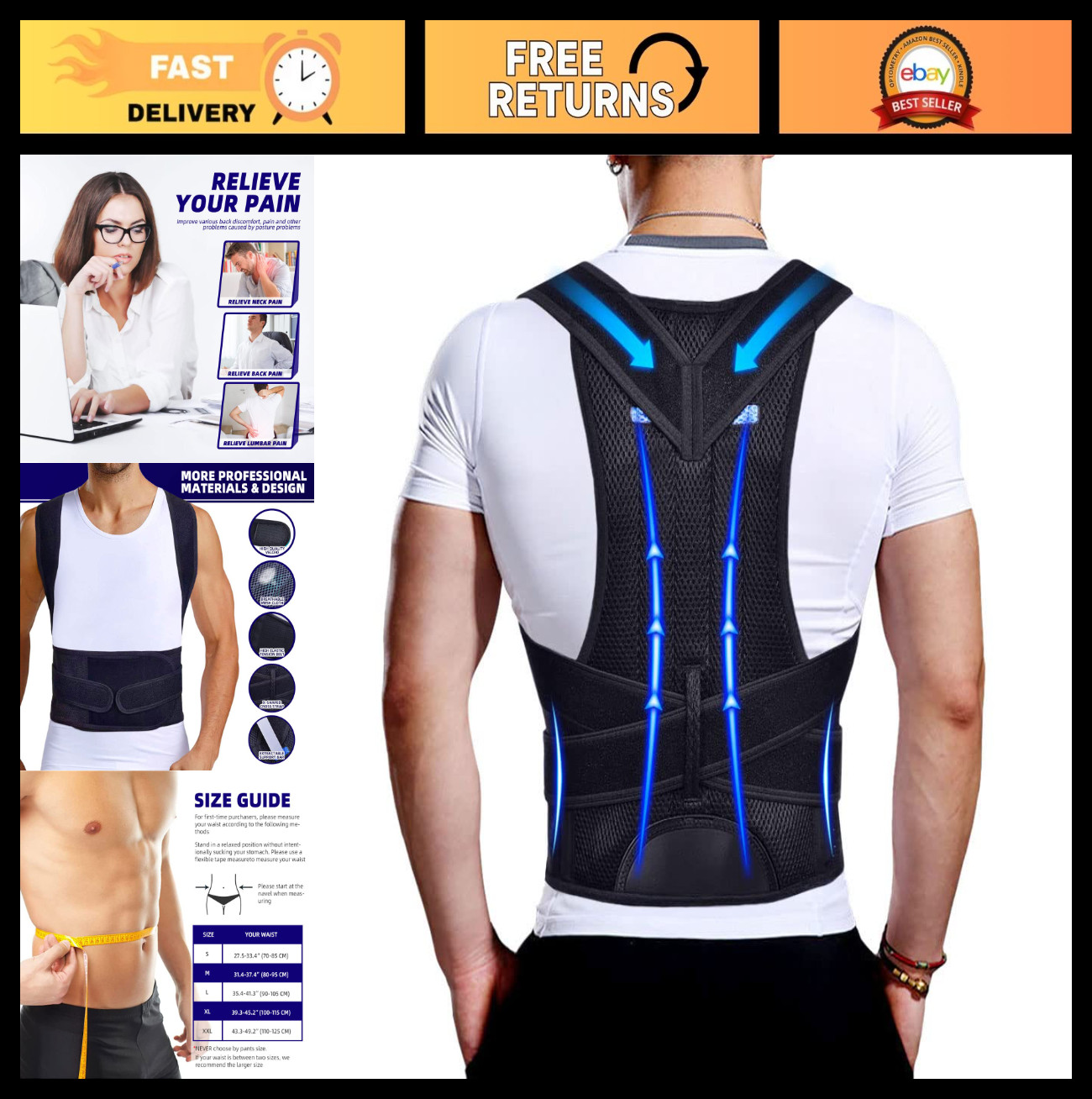 Posture Corrector Back Brace for Men & Women – Lumbar Support, Pain Relief, Full