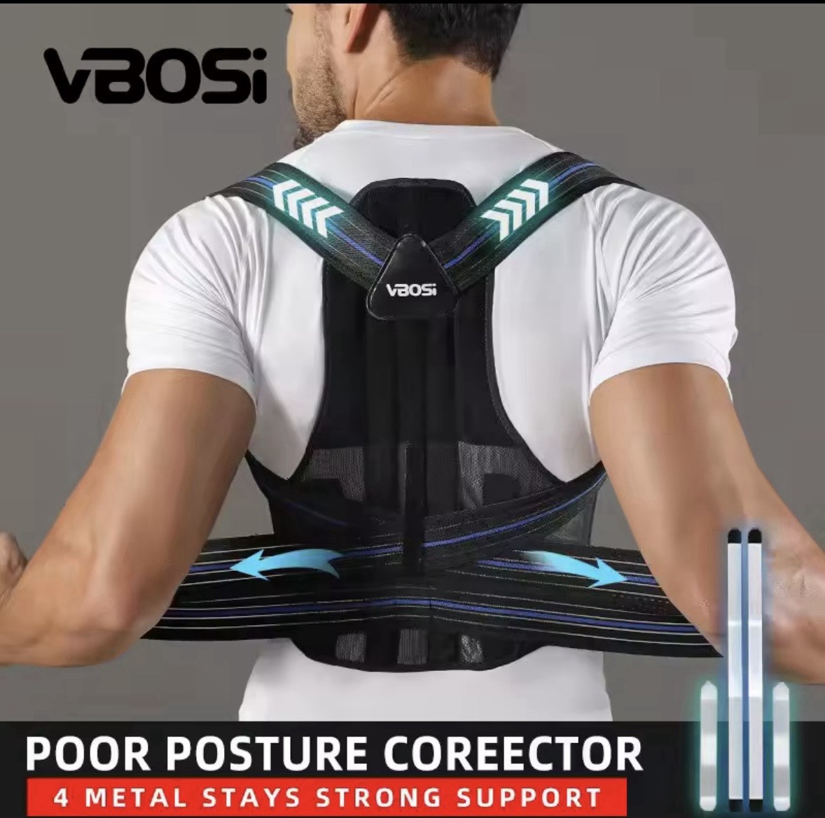 VBOSi Adjustable Back Brace Posture Corrector, Mesh, Steel Plates, M-XXL