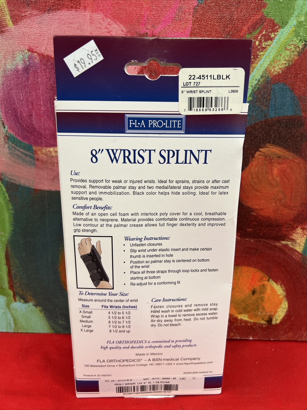 F-L-A Pro Lite 8″ Left Wrist Splint Brace Size XL Black New In Box
