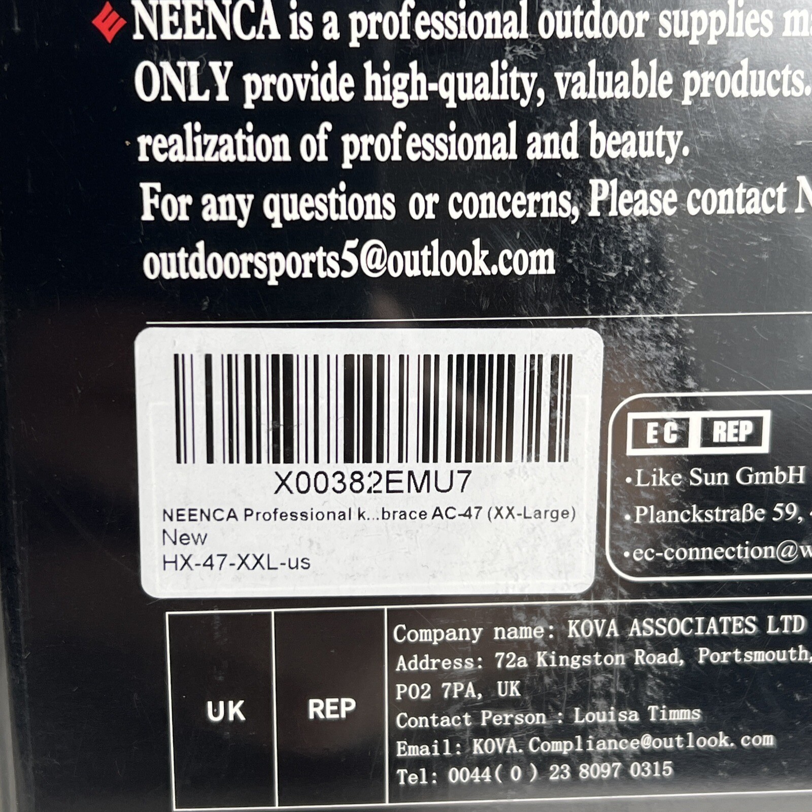 Neenca Knee Brace Black Size 2X Large AC-47 Hook Loop Adjustable XXL