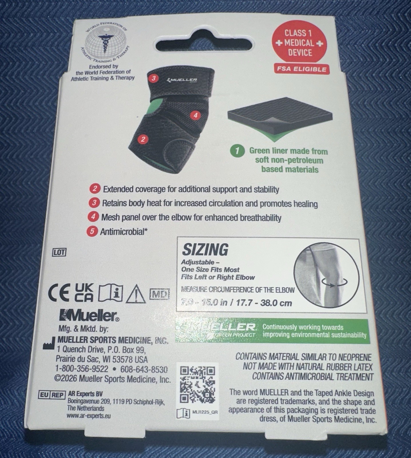 Mueller Adjustable Elbow Support OSFM Black Left Or Right Sports Medicine Green