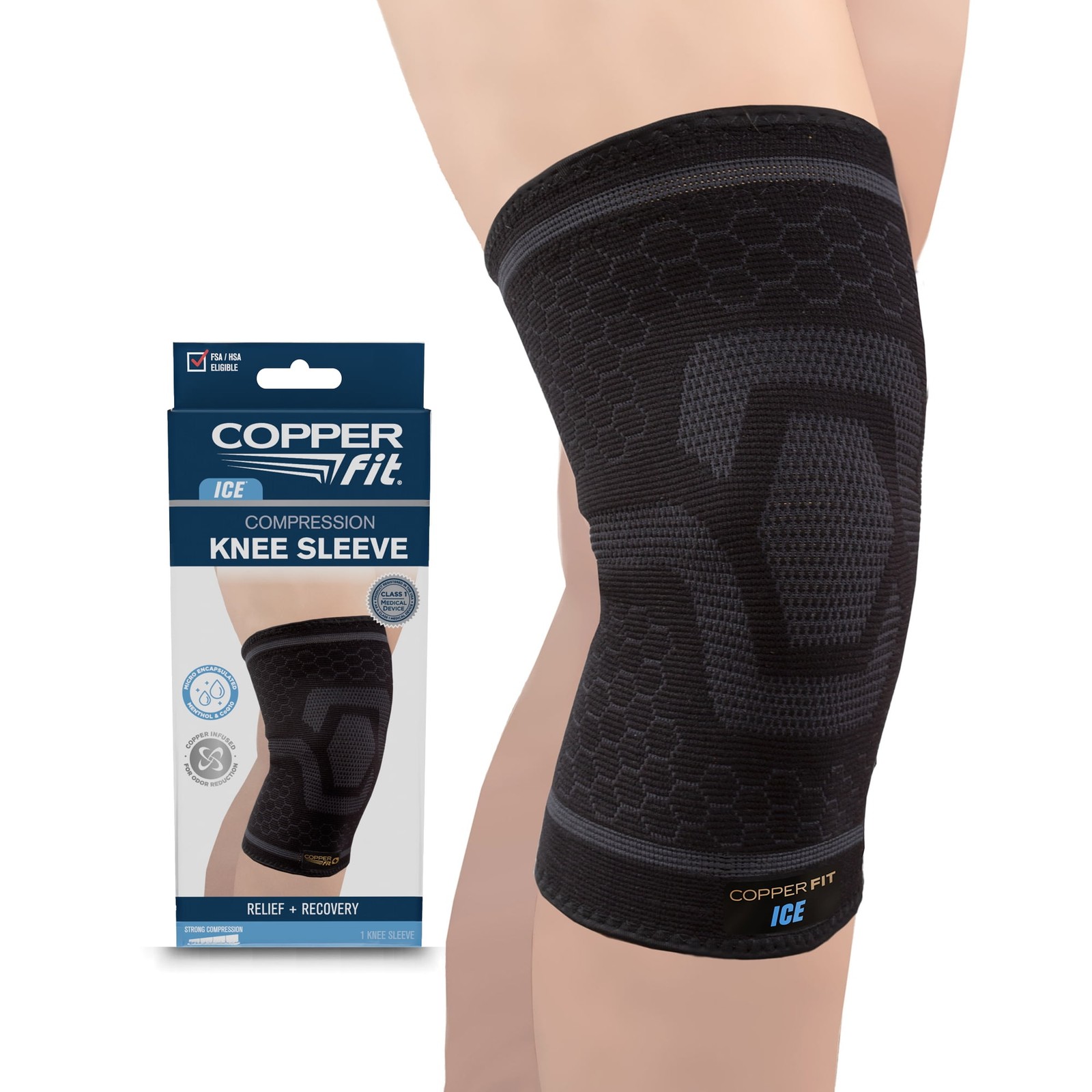 Compression Knee Sleeve, Menthol Infused, 3XL, Black, 1-Pack, FSA HSA Eligible