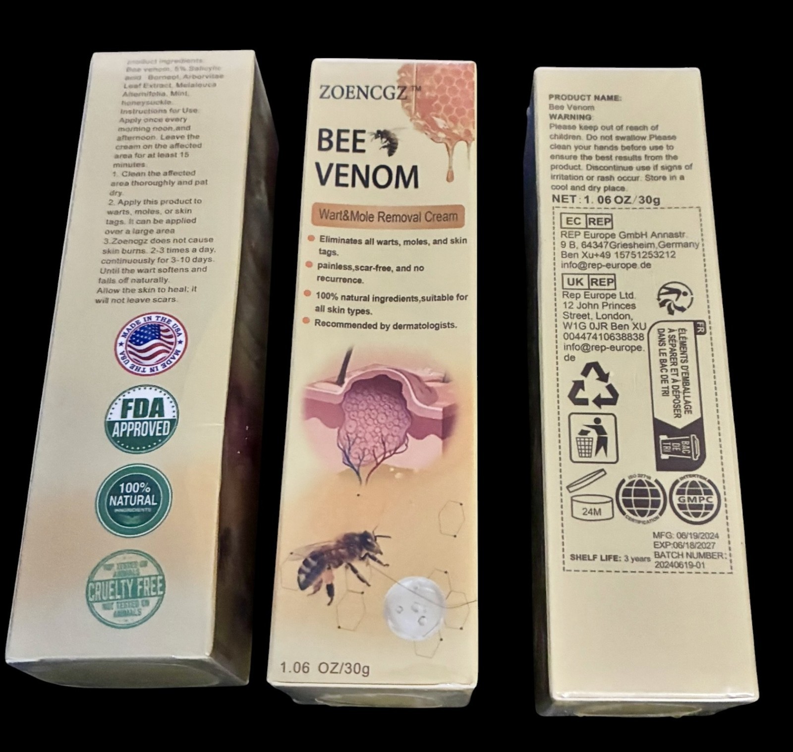 3 x 30g/ 1.06oz ZOENCGZ Bee Venom Pro-Grade Gel Repair Cream Hydrate Moisturizer