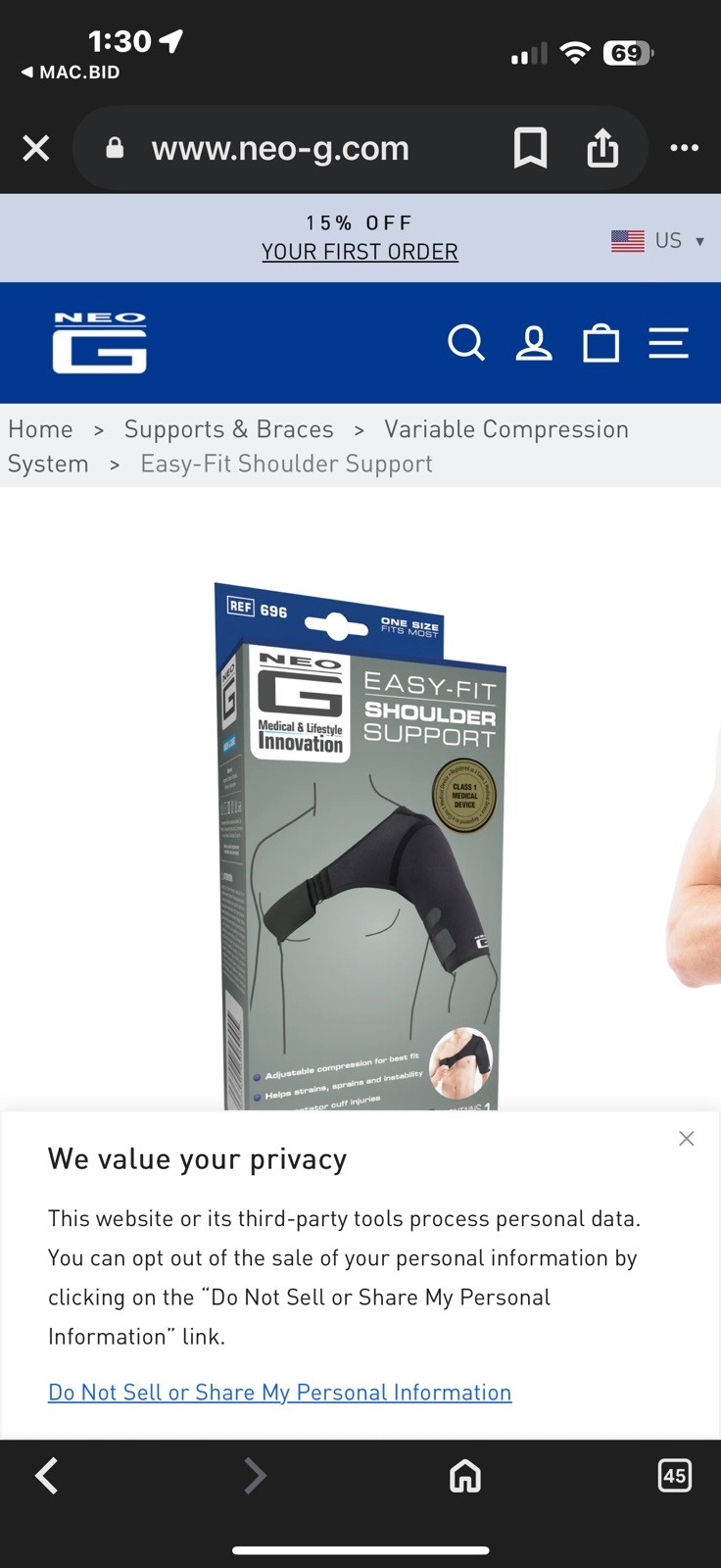 Neo G Easy-Fit Shoulder Arm Support Universal Size Adjustable Compression