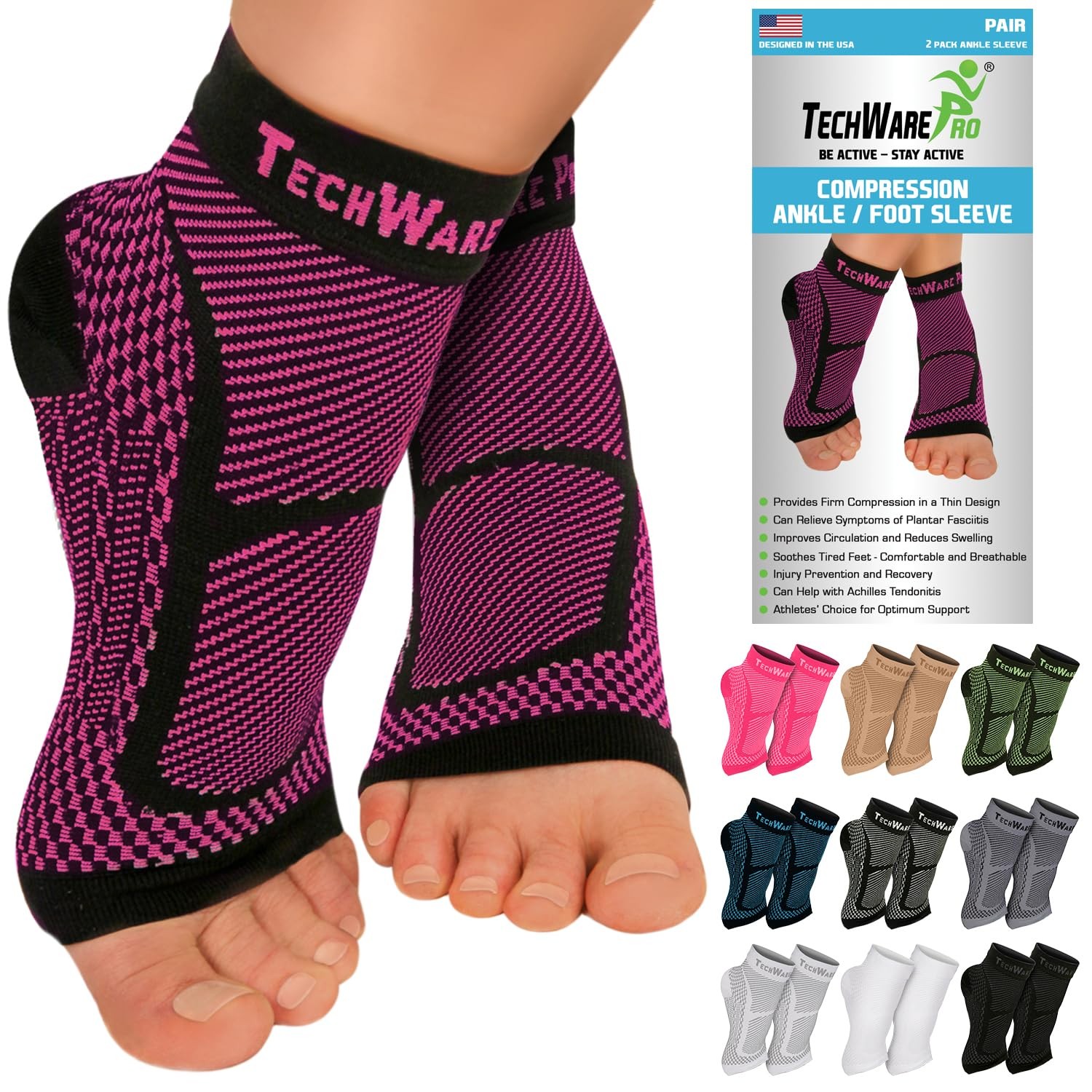 TechWare Pro Ankle Brace Compression Sleeve – Relieves Achilles Tendonitis,