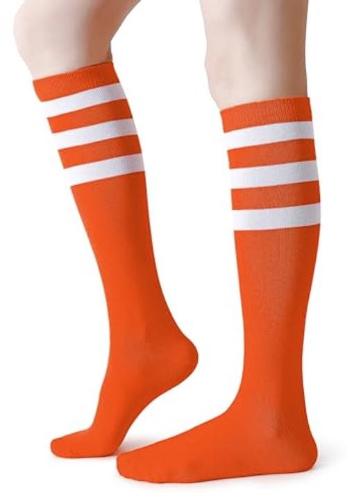 Cotton Knee High Socks Triple Stripes Over the Calf 9-13 A04-orange/White