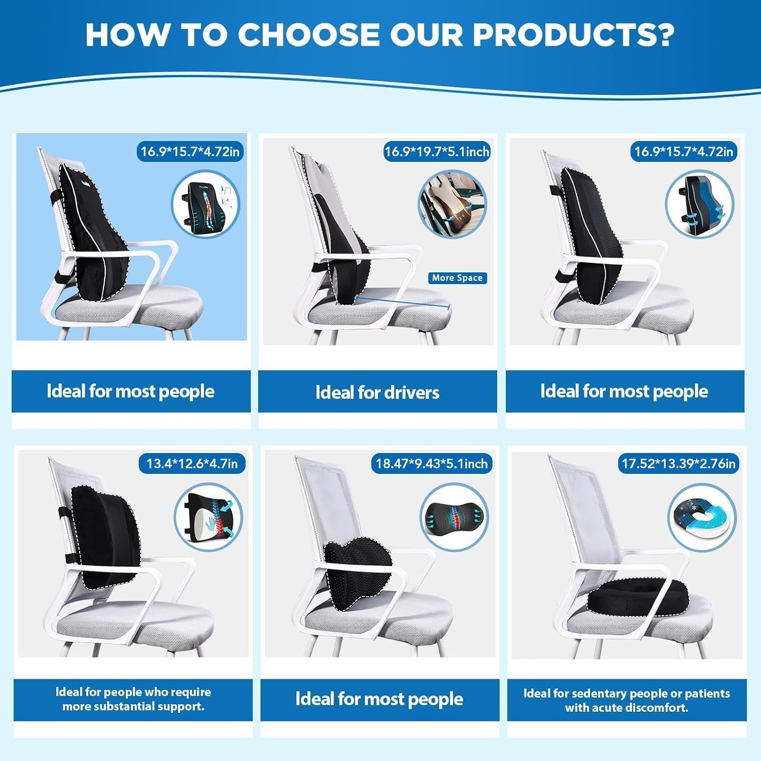 Niceeday Memory Foam Lumbar Support Pillow Office Chair Car Back Cushion Black
