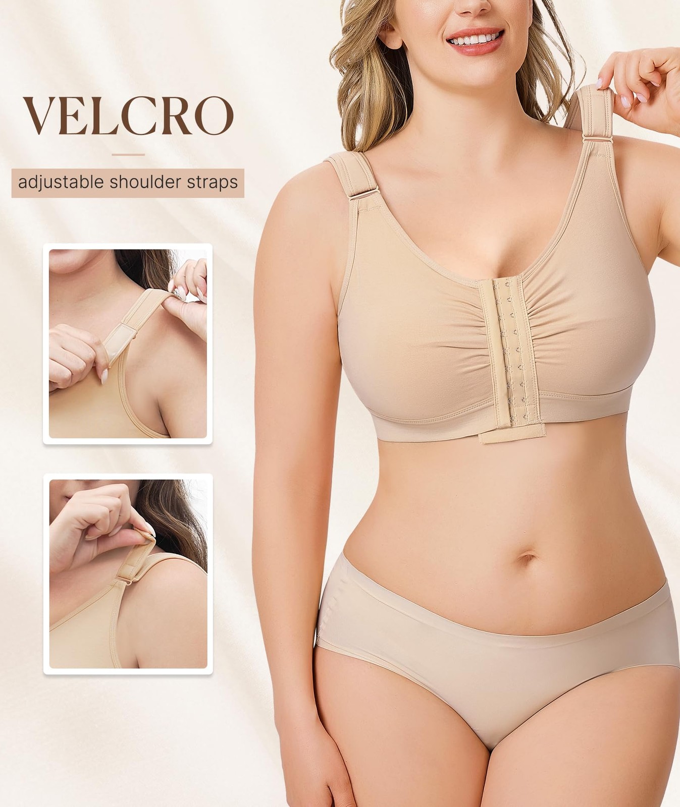 Post Surgery Front Closure Mastectomy Bra, Wireless, Beige, XXLarge