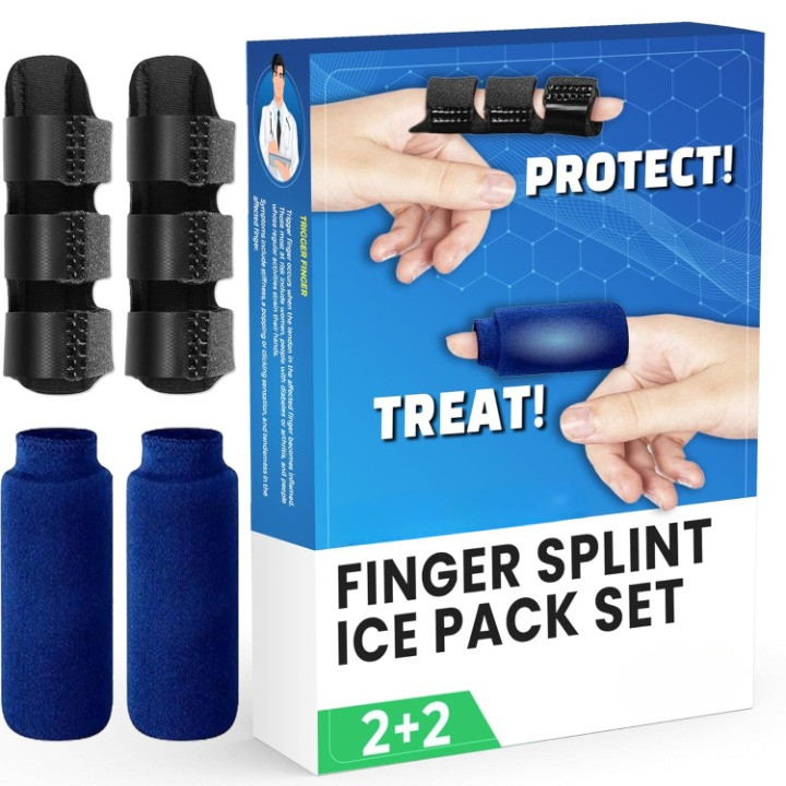 Finger Splint & Ice Pack Set 2+2 Adjustable Support Brace for Index Thumb Pain