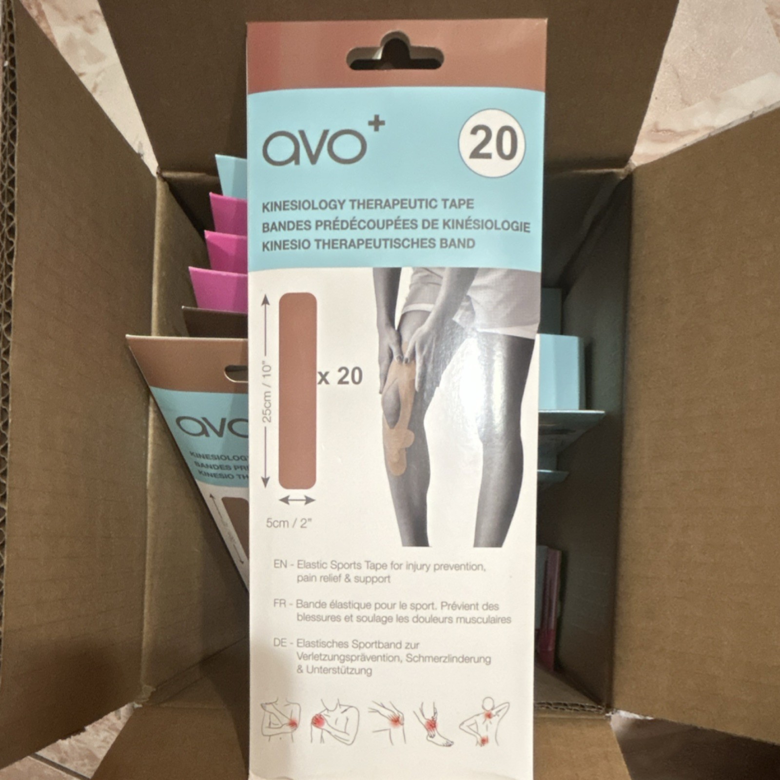 avo+ Kinesiology Therapeutic Tape Beige 5cm x 25cm 20 Pack Elastic Pain Relief