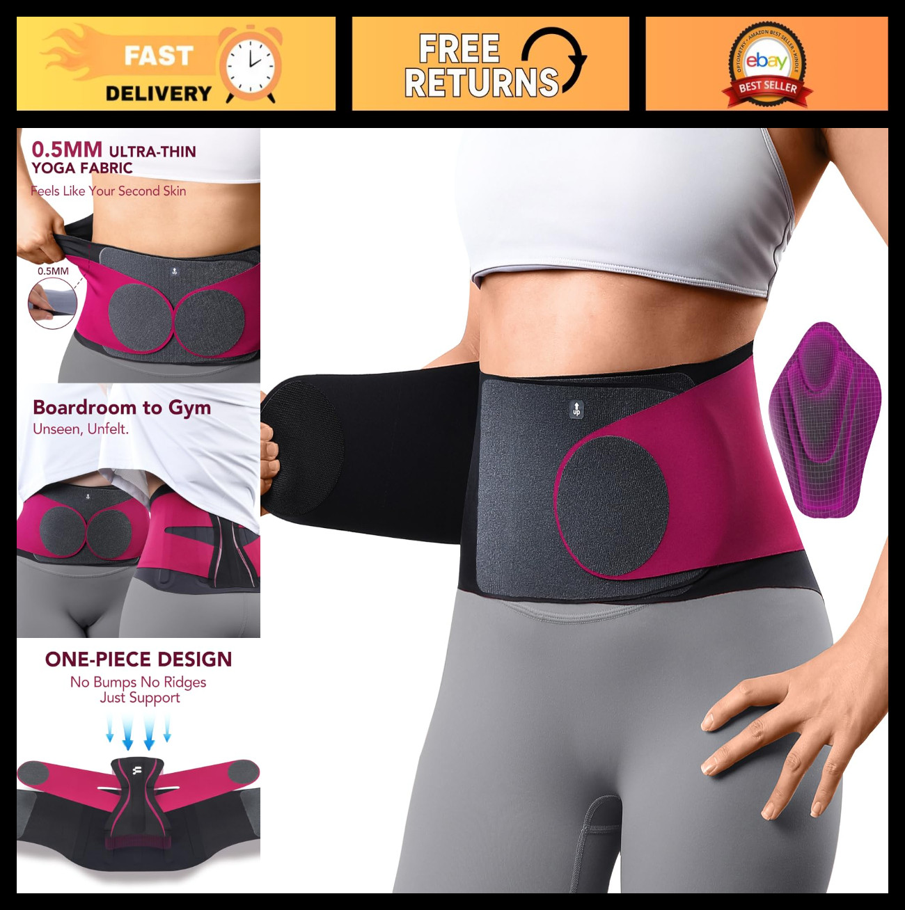 Ultra Thin 0.5mm Back Brace for Men & Women, Seamless Yoga Fabric, Lumbar Suppor