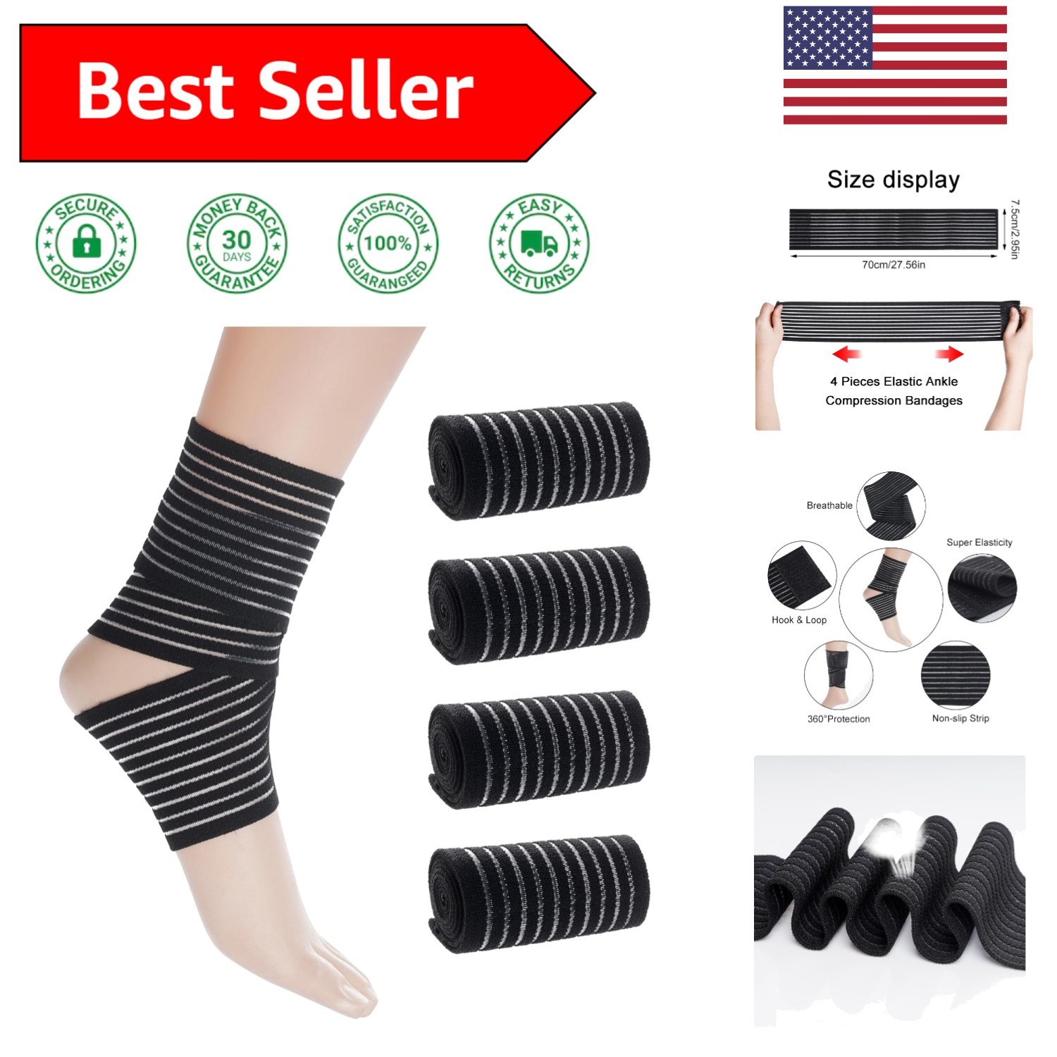 4 Adjustable Black Ankle Compression Bandages for Pain Relief & Sports Support