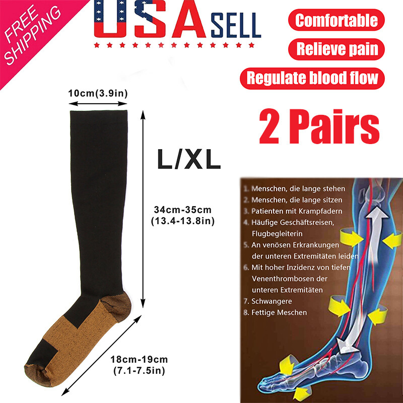 2Pair Copper Compression Socks Foot Pain Relief 20-30mmHg Graduated Support L/XL