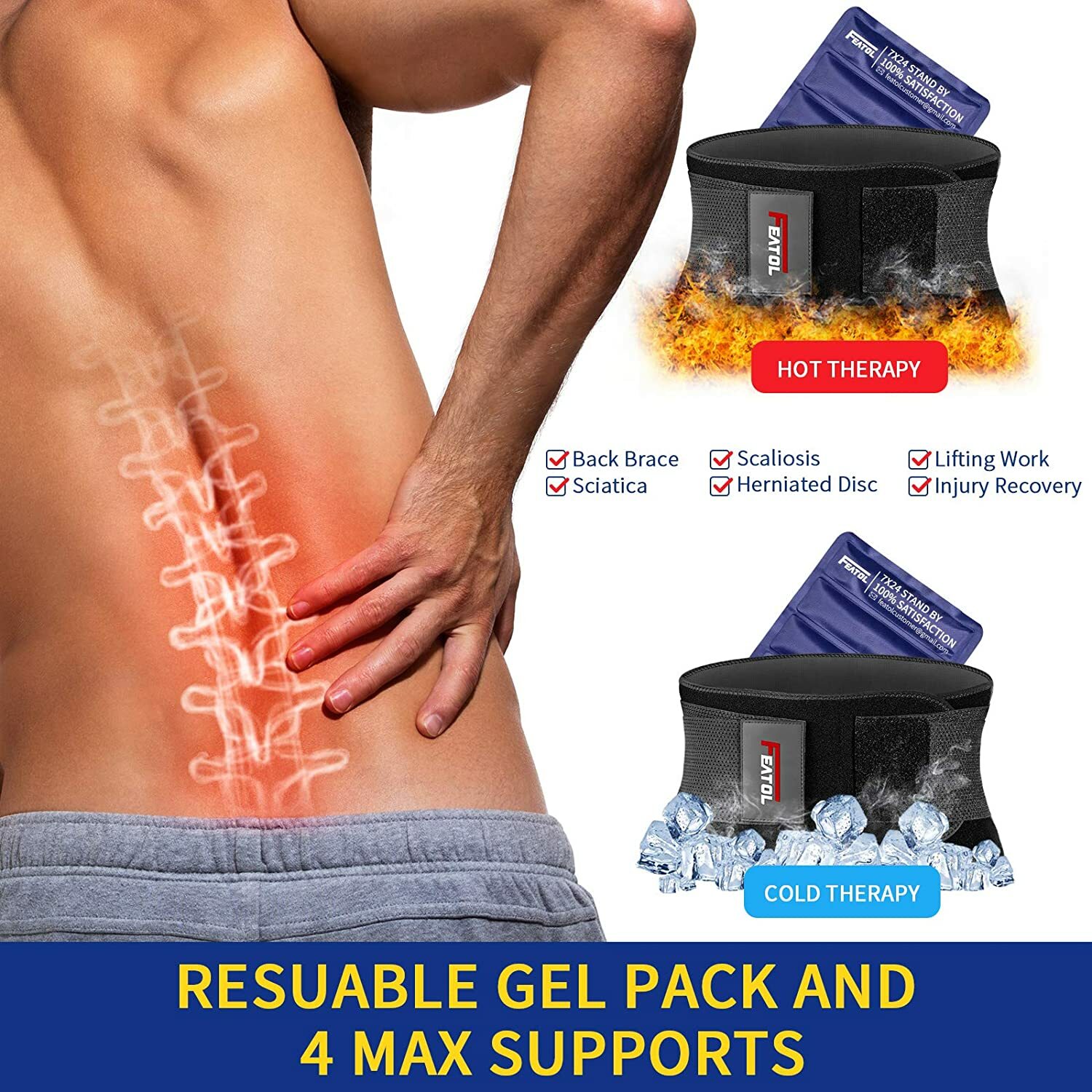 Hot/Cold Gel Pack Back Brace, Lumbar Support Back Pain Relief, Herniated Disc XL