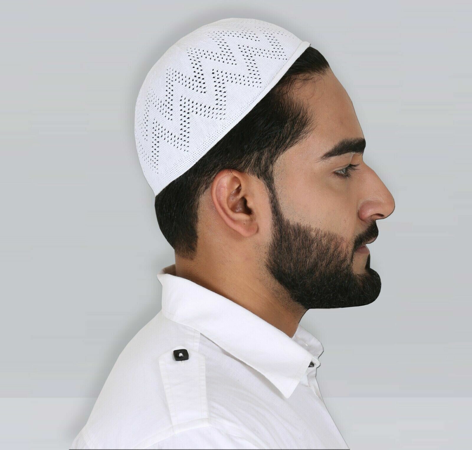 Muslim White Cotton Open-Knit Turkish Islamic Skull Kufi Cap Kuffiyeh Hat