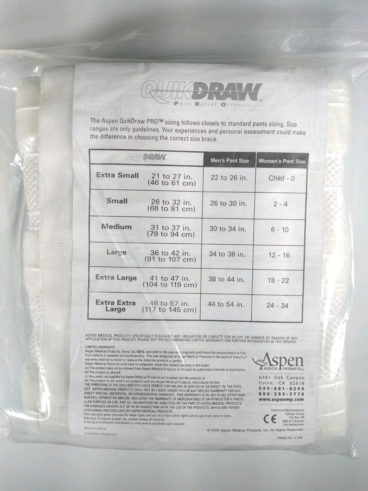 Aspen Quickdraw Rigid Anterior Panel XS 21 – 27in Pain Relief Orthosis 0835023