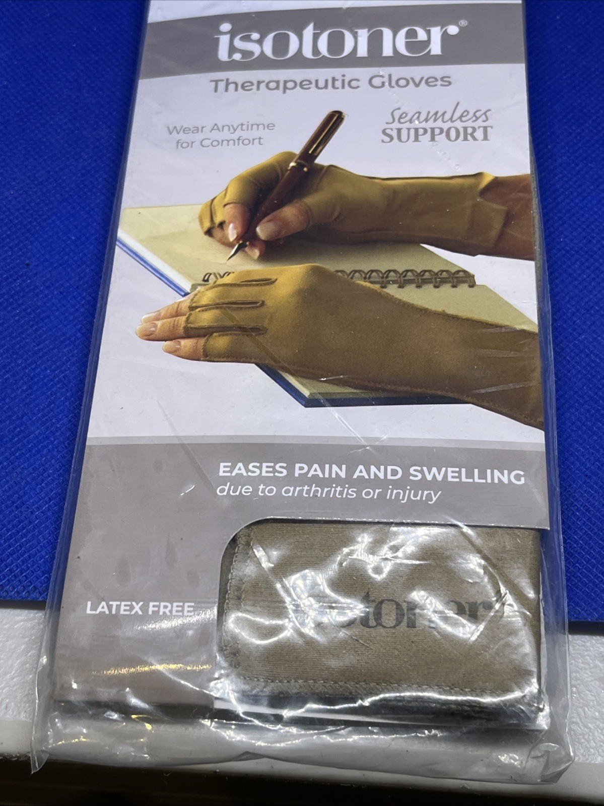Isotoner Therapeutic Gloves Open Finger Camel Size Large Compression Pain Relief